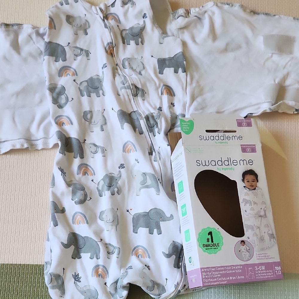 3-6M SwaddleMe White Baby Sleep Sack with Gray Elephant & Peach Rainbows